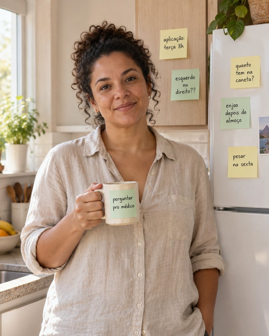 Mulher na cozinha segurando uma caneca de café, cercada de post-its com lembretes do tratamento